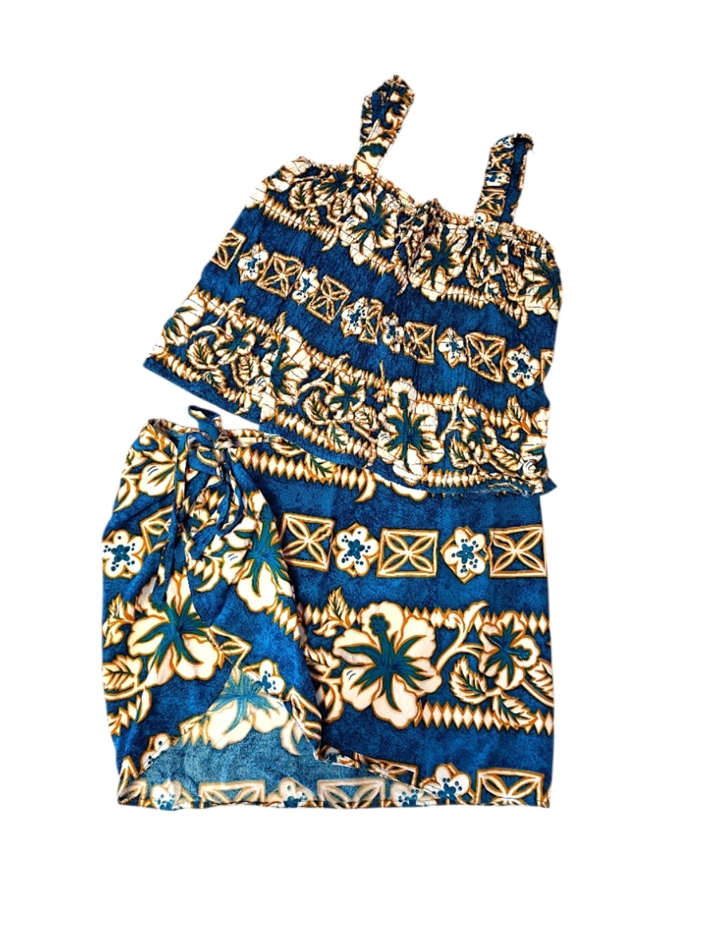 VTG Blue Gold Hawaiian Two Piece Top & Wrap Skirt‎ Cover Up Swim Set *One Size